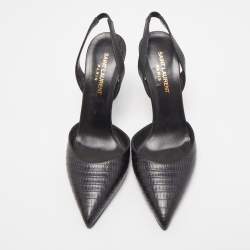 Pre Owned Saint Laurent Black Lizard Embossed Leather Slingback Pumps Size 37.5
