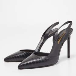 Pre Owned Saint Laurent Black Lizard Embossed Leather Slingback Pumps Size 37.5