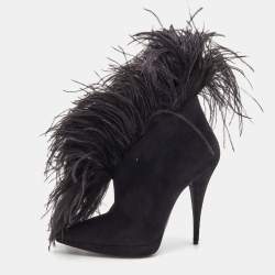 Saint Laurent Black Suede and Feather Zizi Ankle Booties Size 39