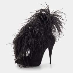 Saint Laurent Black Suede and Feather Zizi Ankle Booties Size 39