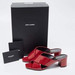 Saint Laurent Red Patent Leather Loulou Criss Cross Slide Sandals Size 38