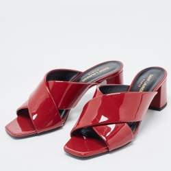 Saint Laurent Red Patent Leather Loulou Criss Cross Slide Sandals Size 38