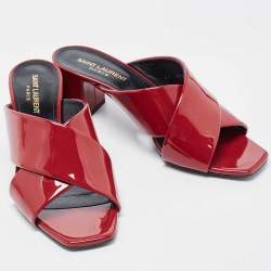 Saint Laurent Red Patent Leather Loulou Criss Cross Slide Sandals Size 38