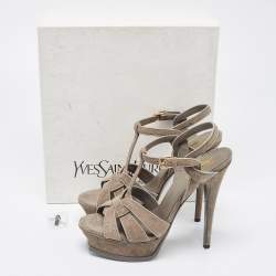 Saint Laurent Grey Glitter Suede Tribute Platform Sandals Size 38.5