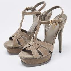Saint Laurent Grey Glitter Suede Tribute Platform Sandals Size 38.5