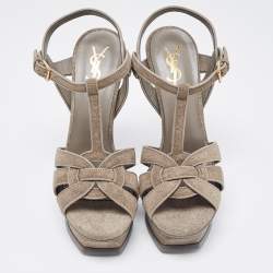 Saint Laurent Grey Glitter Suede Tribute Platform Sandals Size 38.5