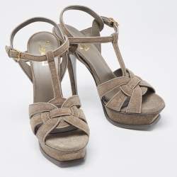 Saint Laurent Grey Glitter Suede Tribute Platform Sandals Size 38.5