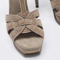 Saint Laurent Grey Glitter Suede Tribute Platform Sandals Size 38.5