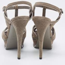 Saint Laurent Grey Glitter Suede Tribute Platform Sandals Size 38.5