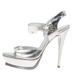 Pre Owned Saint Laurent Paris Metallic Silver Leather Ankle Strap Platform Sandals Size 41