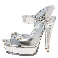 Pre Owned Saint Laurent Paris Metallic Silver Leather Ankle Strap Platform Sandals Size 41