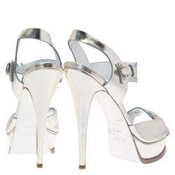 Pre Owned Saint Laurent Paris Metallic Silver Leather Ankle Strap Platform Sandals Size 41