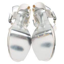 Pre Owned Saint Laurent Paris Metallic Silver Leather Ankle Strap Platform Sandals Size 41