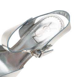 Pre Owned Saint Laurent Paris Metallic Silver Leather Ankle Strap Platform Sandals Size 41