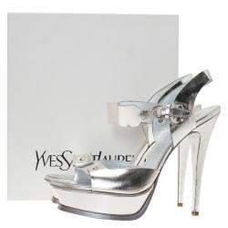 Pre Owned Saint Laurent Paris Metallic Silver Leather Ankle Strap Platform Sandals Size 41