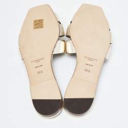 Pre Owned Saint Laurent Gold Leather Tribute Flat Slides Size 38.5