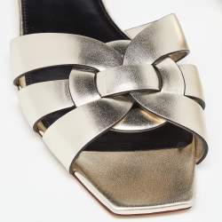 Pre Owned Saint Laurent Gold Leather Tribute Flat Slides Size 38.5
