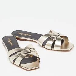 Pre Owned Saint Laurent Gold Leather Tribute Flat Slides Size 38.5