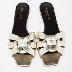 Pre Owned Saint Laurent Gold Leather Tribute Flat Slides Size 38.5