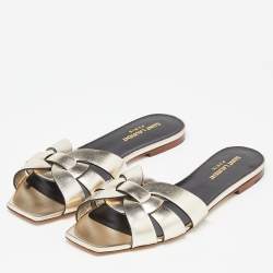Pre Owned Saint Laurent Gold Leather Tribute Flat Slides Size 38.5