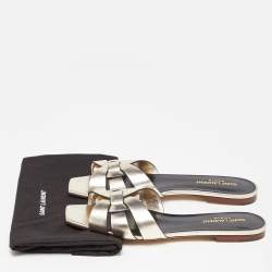 Pre Owned Saint Laurent Gold Leather Tribute Flat Slides Size 38.5