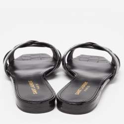 Saint Laurent Black Croc Embossed Patent Leather Tribute Flat Slides Size 38.5