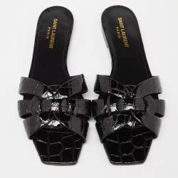 Saint Laurent Black Croc Embossed Patent Leather Tribute Flat Slides Size 38.5