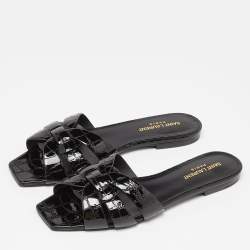 Saint Laurent Black Croc Embossed Patent Leather Tribute Flat Slides Size 38.5