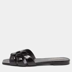 Saint Laurent Black Croc Embossed Patent Leather Tribute Flat Slides Size 38.5
