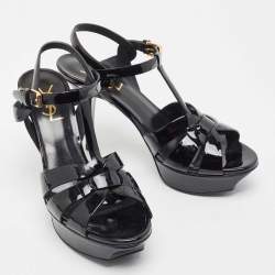 Pre Owned Saint Laurent Black Patent Tribute Sandals Size 38