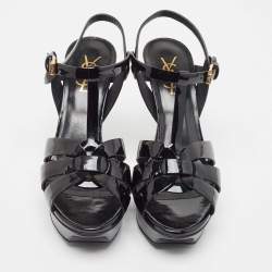 Pre Owned Saint Laurent Black Patent Tribute Sandals Size 38