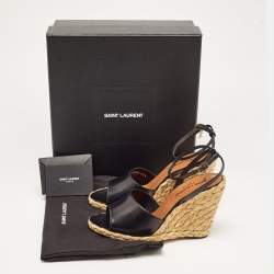 Pre Owned Saint Laurent Black Leather Espadrille Wedge Sandals Size 37.5