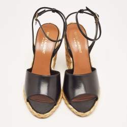Pre Owned Saint Laurent Black Leather Espadrille Wedge Sandals Size 37.5