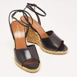 Pre Owned Saint Laurent Black Leather Espadrille Wedge Sandals Size 37.5