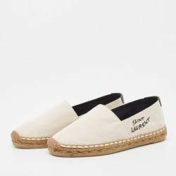 Pre Owned Saint Laurent White Canvas Logo Embroidered Espadrille Flats Size 35.5