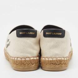Pre Owned Saint Laurent White Canvas Logo Embroidered Espadrille Flats Size 35.5