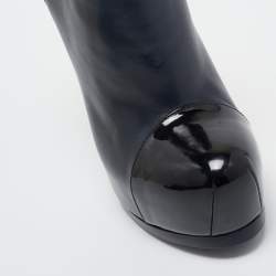 Pre Owned Yves Saint Laurent Navy Blue/Black Leather and Patent Leather Tribute Platform Ankle Boots Size 36
