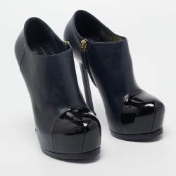 Pre Owned Yves Saint Laurent Navy Blue/Black Leather and Patent Leather Tribute Platform Ankle Boots Size 36