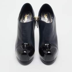 Pre Owned Yves Saint Laurent Navy Blue/Black Leather and Patent Leather Tribute Platform Ankle Boots Size 36