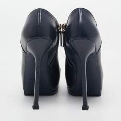 Pre Owned Yves Saint Laurent Navy Blue/Black Leather and Patent Leather Tribute Platform Ankle Boots Size 36