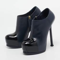 Pre Owned Yves Saint Laurent Navy Blue/Black Leather and Patent Leather Tribute Platform Ankle Boots Size 36
