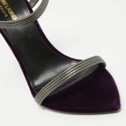 Saint Laurent Metallic Silver/Purple Leather and Velvet Ankle Strap Sandals Size 40.5