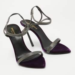 Saint Laurent Metallic Silver/Purple Leather and Velvet Ankle Strap Sandals Size 40.5