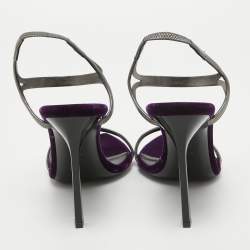 Saint Laurent Metallic Silver/Purple Leather and Velvet Ankle Strap Sandals Size 40.5