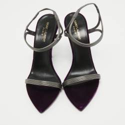 Saint Laurent Metallic Silver/Purple Leather and Velvet Ankle Strap Sandals Size 40.5