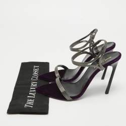 Saint Laurent Metallic Silver/Purple Leather and Velvet Ankle Strap Sandals Size 40.5