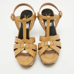 Pre Owned Saint Laurent Beige Patent Tribute Sandals Size 37