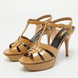 Pre Owned Saint Laurent Beige Patent Tribute Sandals Size 37