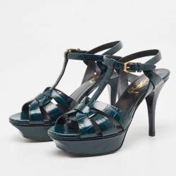 Pre Owned Saint Laurent Green Croc Embossed Leather Tribute Sandals Size 36 