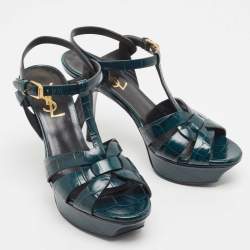 Pre Owned Saint Laurent Green Croc Embossed Leather Tribute Sandals Size 36 